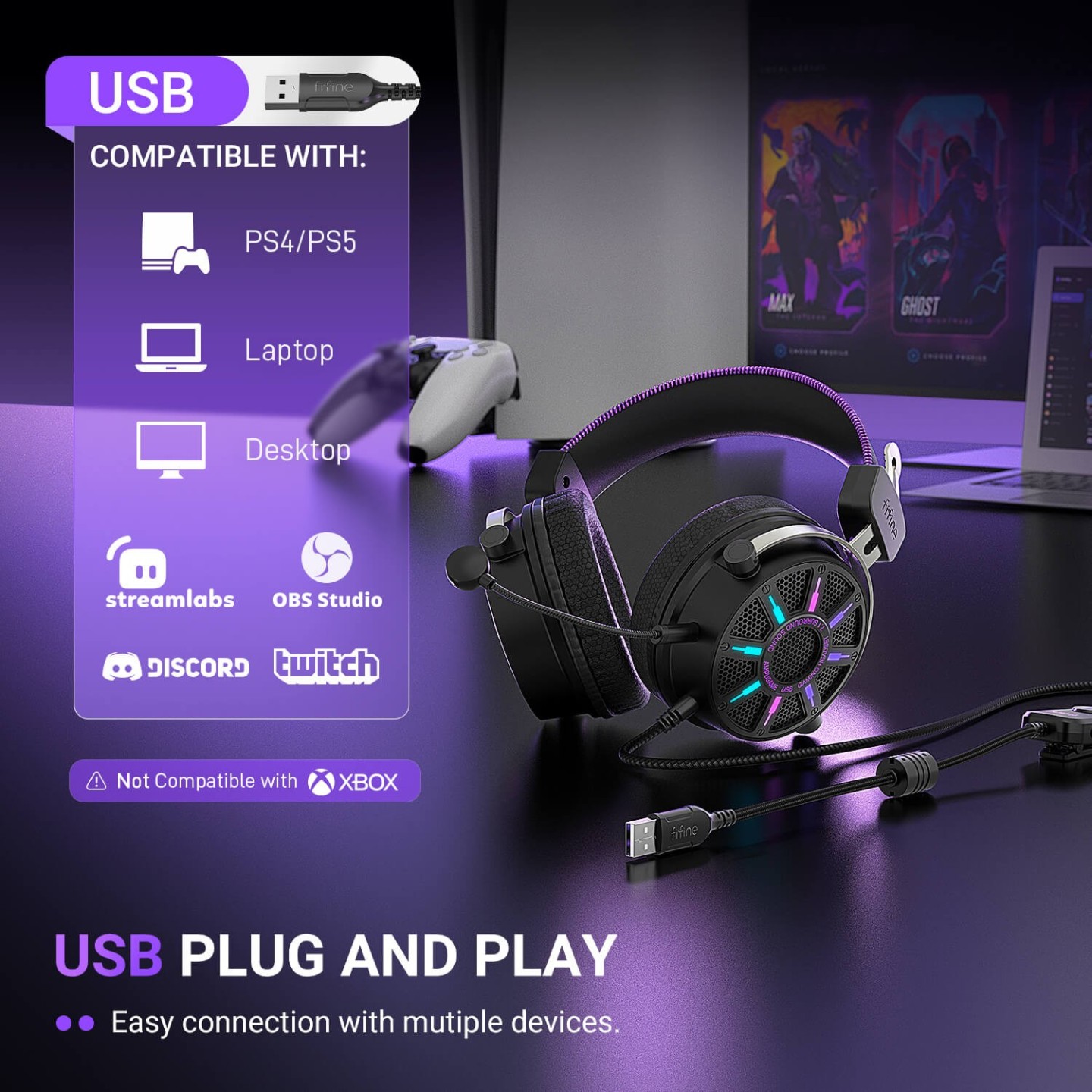 FIFINE AmpliGame H19 – Casque gaming filaire ouvert RGB