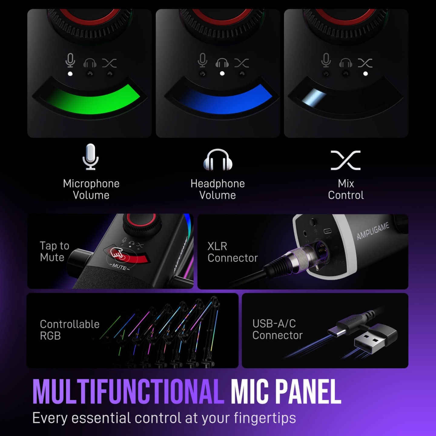 FIFINE AmpliGame AM8PROT – Kit micro dynamique USB/XLR avec bras RGB