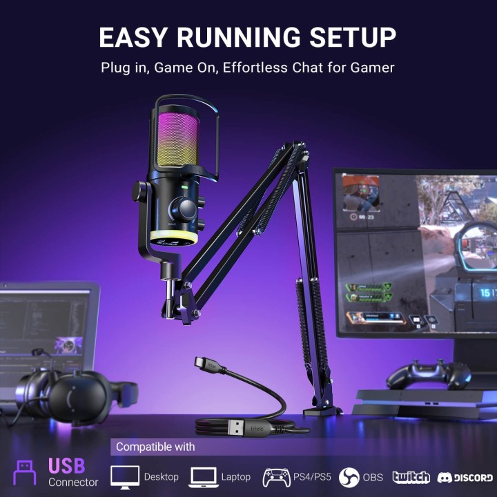 FIFINE AmpliGame AM6 – Micro à condensateur USB RGB