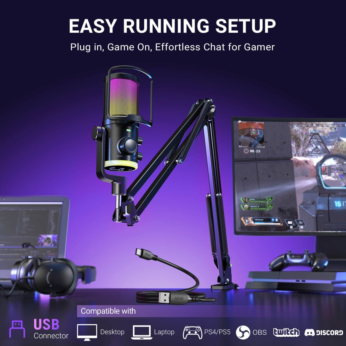 FIFINE AmpliGame AM6 – Micro à condensateur USB RGB