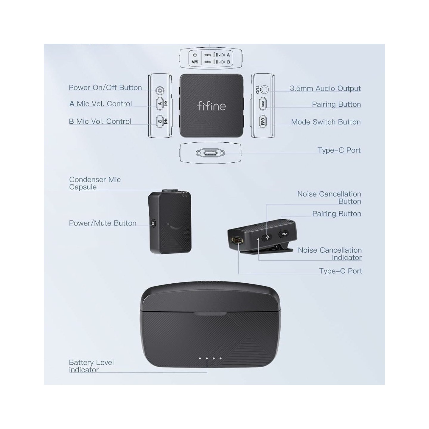 FIFINE M9 – Micros-cravates sans fil doubles avec boîtier de charge