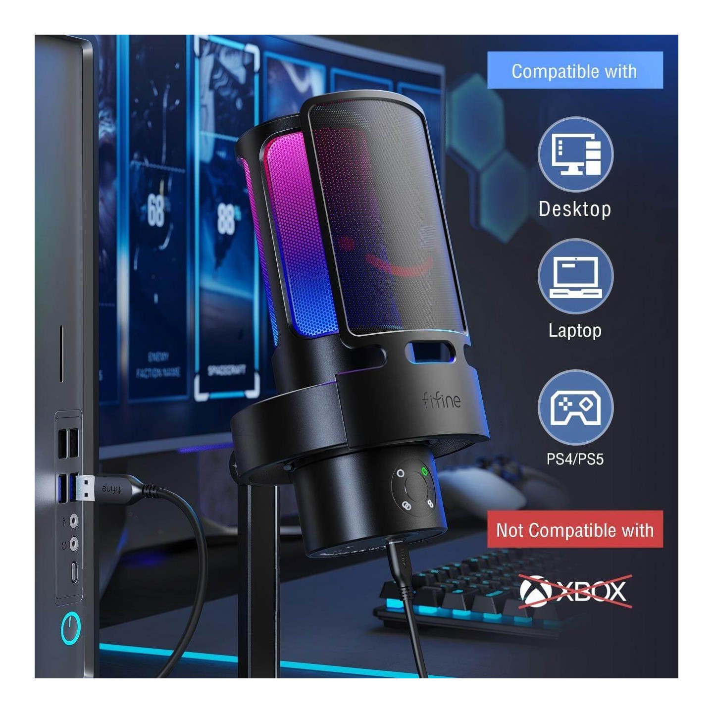 FIFINE AmpliGame A8Plus – Micro à condensateur USB RGB