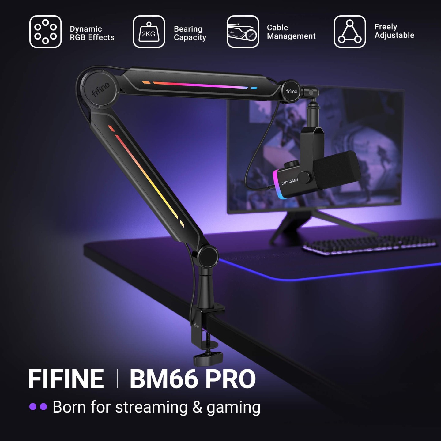 FIFINE BM66PRO – Bras articulé métal RGB pour micro