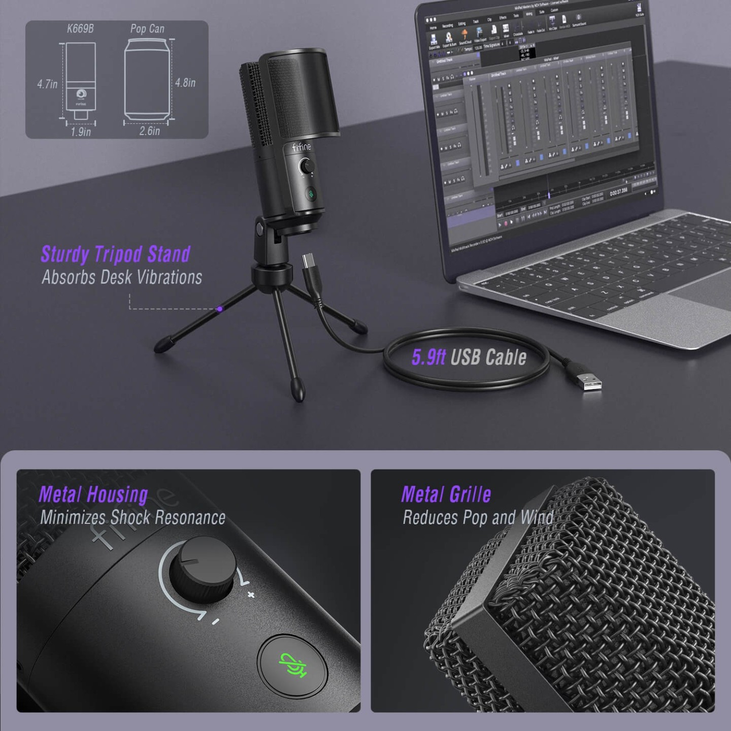 FIFINE K669PRO1 – Micro à condensateur USB avec filtre anti-pop