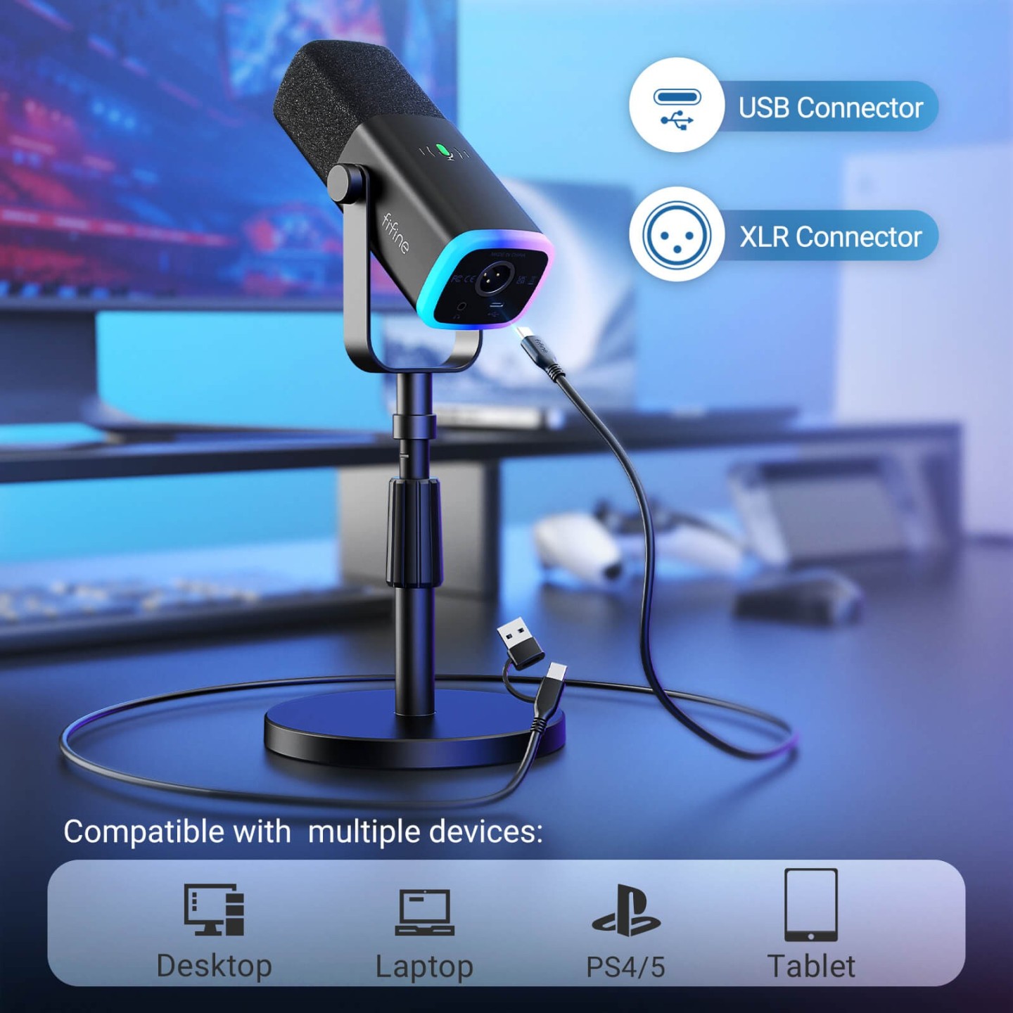 FIFINE AmpliGame AM8S – Micro dynamique avec pied de table réglable