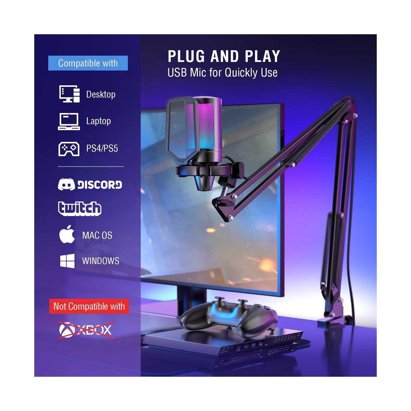 FIFINE AmpliGame A6T – Kit micro à condensateur USB avec bras articulé