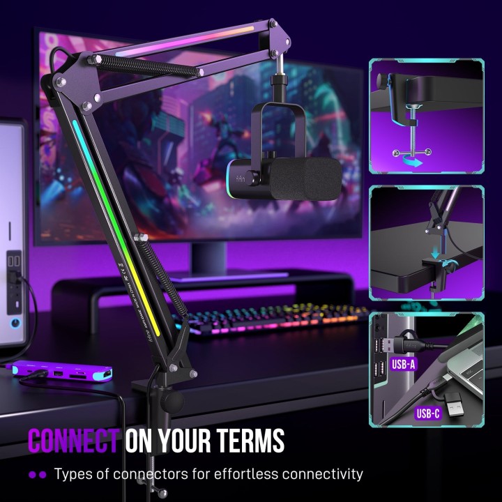FIFINE AmpliGame BM38 – Bras articulé pour micro RGB