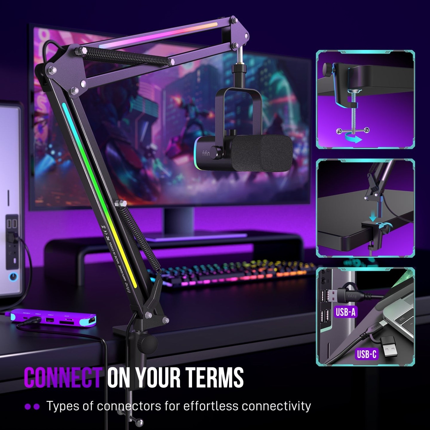 FIFINE AmpliGame BM38 – Bras articulé pour micro RGB